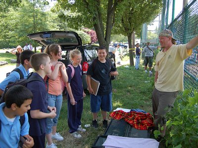 Neighborhood children in Throggs Neck, the Bronx, view young baby Quaker Parrots recovered from the Little League baseball field.